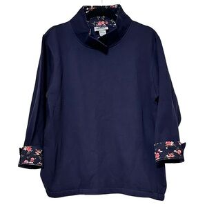 Metropolitan Navy Floral Trim Pullover Mock Neck Cotton Blend Sweatshirt Sz M